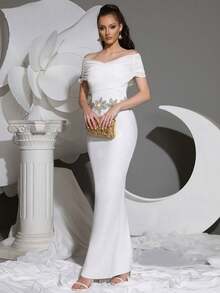 女士性感轻盈奢华水钻花卉装饰绷带连衣裙，V领露肩透视网纱拼接露背长裙，时尚晚宴派对假日正式礼服 - 白色 - 查看 5