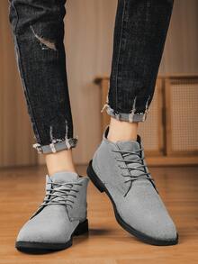 灰色绒面革英伦风中帮皮鞋，防滑舒适软底窄口系带皮鞋，复古商务时尚百搭秋季皮鞋 - 灰色 - 查看 7