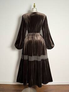 Rusttydustty 大码女士波西米亚风茶会及日常度假天鹅绒V领连衣裙，巧克力棕色长袖优雅礼服 - 棕色 - 查看 6