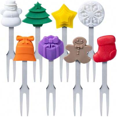 Cocktail Forks, 8-Piece Appetizer Forks, Christmas Theme, Stainless Steel And Silicone Small Forks For Fruits, Cheese, Appetizers,24634631