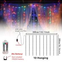 1条300/200/100 LED窗帘灯串，适用于婚礼背景装饰，8种灯光模式，4种颜色可选，遥控家居装饰灯，USB供电，适用于卧室、客厅、婚礼、生日、派对等场合。