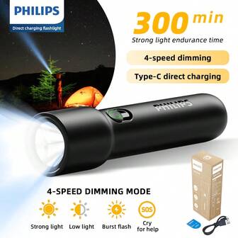 PHILIPS 飞利浦可充电手电筒，紧凑型明亮手持闪光灯，多功能可变焦战术手电筒，具有 4 种照明模式，适合露营和徒步旅行（黑色）﻿