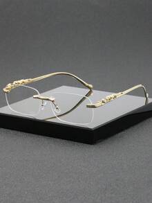 Herren rechteckige randlose Premium-Metall-Brille mit transparenten Gläsern, modische Brille mit klaren Gläsern, geeignet für tägliche Lässig, luxuriöse soziale Anlässe, Mode-Straßenfotografie und Büroarbeit - Gold - Übersicht 1