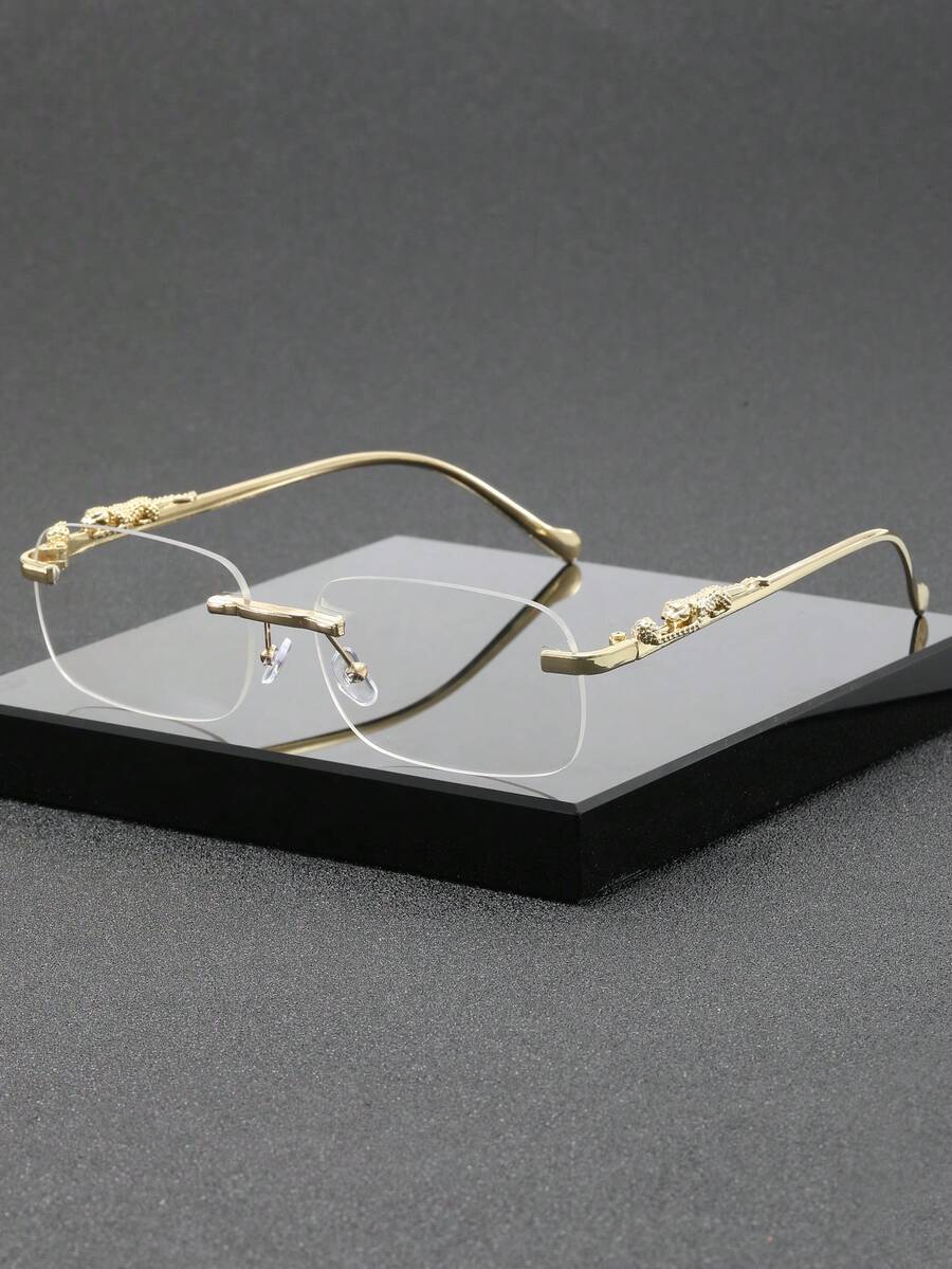 Herren rechteckige randlose Premium-Metall-Brille mit transparenten Gläsern, modische Brille mit klaren Gläsern, geeignet für tägliche Lässig, luxuriöse soziale Anlässe, Mode-Straßenfotografie und Büroarbeit - Gold - Übersicht 1