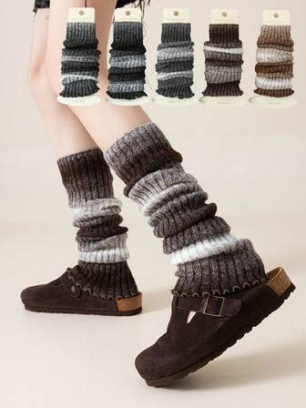 1双女士渐变加厚腿套，保暖针织撞色长腿套，适合秋冬季节，舒适保暖