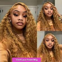 34 Inch Highlight Ombre Deep Wave Lace Front Wigs Human Hair Wig 13x6 250% Density Honey Blonde Wig Human Hair HD Glueless Deep Wave Wig 4/27 Colored Wet And Wavy Curly Wig Pre Plucked For Women - S4/27 - 查看 2