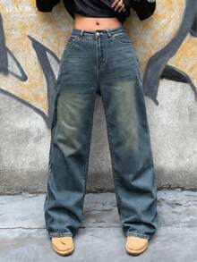 Women's Relaxed Fit Wide Leg Jeans - Nostalgic Color - View 3