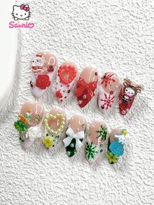 10pcs Christmas Nail Art Set, Including 3D , Cinnamon Dog, Pudding Dog Nail Stickers, French Manicure Stickers, Handmade Snowflake Nail Stickers, Christmas Reindeer, Christmas Tree, Santa Claus, Heart, Bow, Camellia Flower Nail Decorations, Comes With Nail Tools (1 Jelly Sticker + 1 Nail File), 3 Sizes Available: Almond, Duck, Coffin Shape, Suitable For Parties, Christmas, Daily Wear - 彩色 - 查看 16