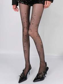 1pc Zodiac Print Sheer Tights (XS-XXL) - Constellation Pattern Black Tights, Mysterious & Personalized For Everyday Magic