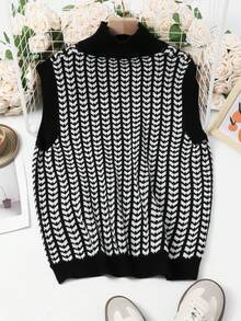 女式人字形印花休闲黑白高领无袖针织背心