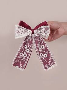 2 piezas Clips de lazo para el cabello con tema navideño color borgoña para niñas, diadema con diseño de encaje de estampado floral, decoración para el cabello para el festival de Navidad para adolescentes - Multicolor - Ver 5