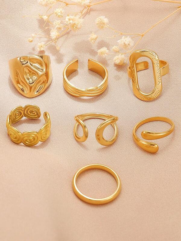 2pcs/Set Fashionable Geometric Pattern Rings, Hollow Oval Wide Band Stackable Rings Suitable For Women's Daily Wear