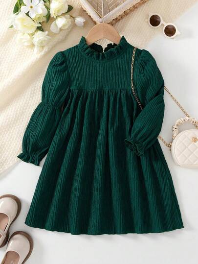 Vestido recto de manga larga con cuello de volantes, cordón y textura a rayas, informal para niña, adecuado para uso diario, en casa, al aire libre, primavera/otoño