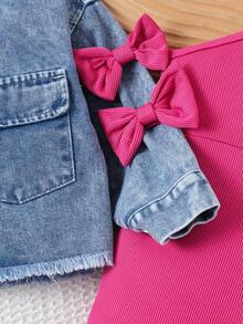 Conjunto de 2 piezas de chaqueta de manga larga de mezclilla con bolsillo con lazo y pantalón de peto para bebé niña, estilo callejero vintage, para primavera/otoño - Rosa Fucsia - Ver 5