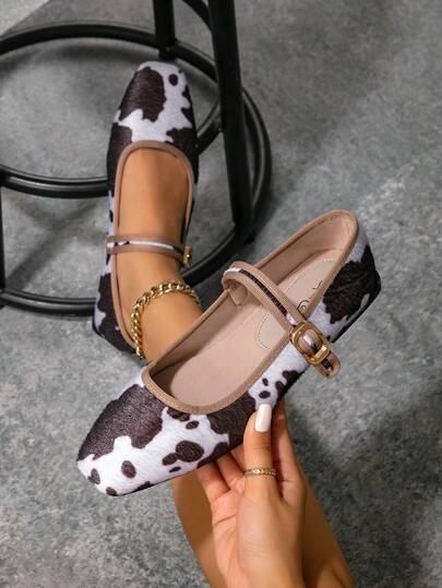 Zapatos planos de punta cuadrada para mujer, zapatos de baile con hebilla deslizante, zapatos de suela blanda y bajo empeine, zapatos de ballet, zapatos Mary Jane con hebilla de metal, zapatos casuales versátiles, zapatos casuales retro de moda para ir y venir, zapatos de ballet con cordones, estampado de leopardo, estampado de vaca, estampado de cebra, zapatos de mujer con pelo de caballo real, estampado animal de leopardo, unicolor, de moda, elegante, para fiesta, para ir y venir, sexy, casual, con hebilla, minimalista, para resort, de lujo, para primavera/verano/otoño/invierno