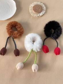 3pcs Autumn/Winter Women Cute Knitted Tassel Tulip Fuzzy Hair Scrunchies, Ponytail Holders, Suitable For Dresses, Vacation, Daily Outfits, Hair Accessories, Bohemian, Cute, Elegant ,Hair Ties