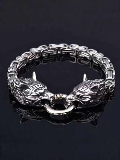 1 Peça Pulseira de Aço Inoxidável com Cabeça de Lobo Dupla, Pulseira de Corrente de Lobo Celta para Motociclistas Homens e Mulheres, Presente de Joias