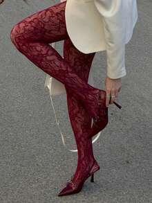 Women Lace Sheer Pantyhose Fishnet Stocking Black Floral Tight Legging Stockings Small Hole High Waist Lace Pantyhose Party Clubwear - 紅色 - 查看 1