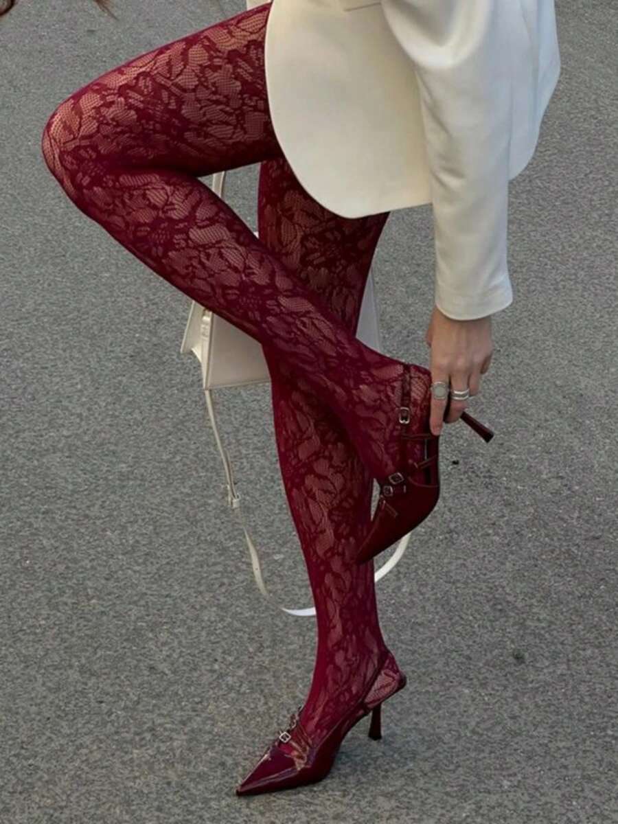 Women Lace Sheer Pantyhose Fishnet Stocking Black Floral Tight Legging Stockings Small Hole High Waist Lace Pantyhose Party Clubwear - 紅色 - 查看 1