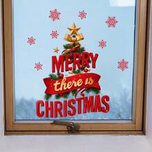 1 pieza Decoración de ventana navideña - Pegatina de ventana autoadhesiva con texto "Feliz Navidad", árbol verde, acentos rojos y dorados - Película de PVC removible sin residuos para puertas de vidrio, ventanas, espejos - Decoración del hogar para fiestas navideñas