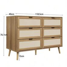 Kommode in Walnussfarbe mit Rattangeflecht und sechs Schubladen, Länge 118,5 cm, Kiefernholz-Füße, geeignet für Schlafzimmer, Wohnzimmer, Arbeitszimmer und andere Räume