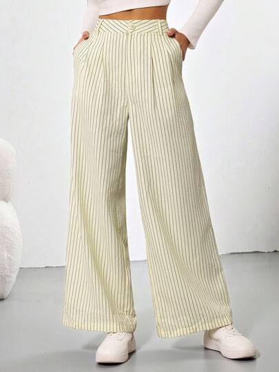 Damen neue Herbst/Winter gelb gestreifte, locker sitzende Anzughose mit Gürtel und Reißverschlusstaschen, geeignet für Alltag, Büro, Lässig, Pendeln