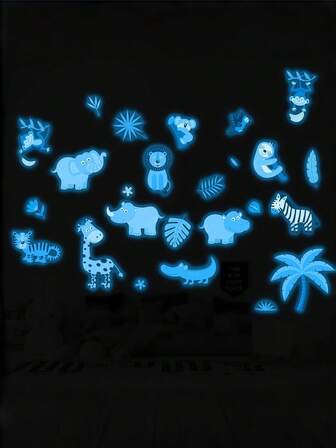 26pcs Cartoon Animal Glow-In-The-Dark Stickers, Self-Adhesive Wall Decals For Kids Room, Nursery, Dorm