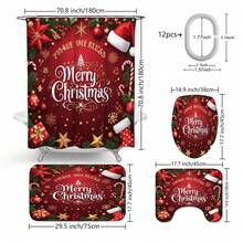 1 pieza/4 piezas Juego de decoración de baño multifuncional con corona de flores navideña roja, incluye 12 ganchos gratis, con ambiente elegante navideño, decoración de invierno, alfombra de baño, alfombra de inodoro en forma de U y alfombra de inodoro redonda, adecuado para todos los escenarios de decoración navideña