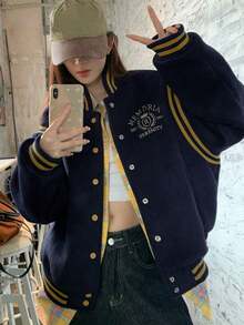 Retro American College Style Baseball Jacket For Women, Loose Fit Casual Mid-Length Bomber Coat, Autumn