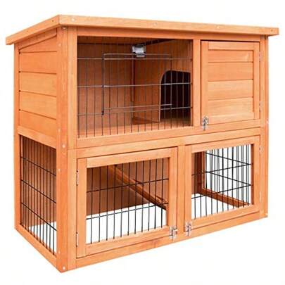 I.Pet  Wooden Rabbit Hutch Bunny Cage Rabbits Wood Pet House Run Cages Guinea Pig Ferret Metal Outdoor Door Roof Weatherproof Farm 2 Level