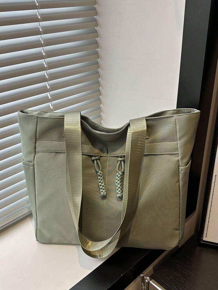 Fashionable Versatile Solid Color New Tote Bag, Casual Minimalist Textured Contrast Color Shoulder Bag - Green - View 1