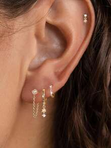 4/8pcs Women Fashion Minimalist Gold-Color Cubic Zirconia & Faux Pearl Inlaid Chain Tassel Earrings Set, Hypoallergenic, Small Hoop Design, Lightweight & Mini, Versatile, Suitable For Multiple Ear Piercings