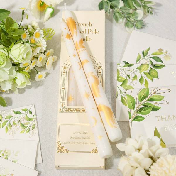 YESTARY 2 PCS 10 Inch Elegant Golden Pattern Taper Candles, Unscented With Golden Pen Traces And Star-Moon Designs, Holiday Candle Sticks For Dinner Party Wedding Christmas Home Decorations, Festive Table Centerpiece Decor, Christmas Decorations, Christmas Gifts
