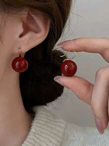 3 Pairs Retro Elegant Chic Minimalist High-End Geometric Burgundy Faux Pearl Ball Stud Earrings Set, Suitable For Women's Daily, Commute, Holiday, Party Wear