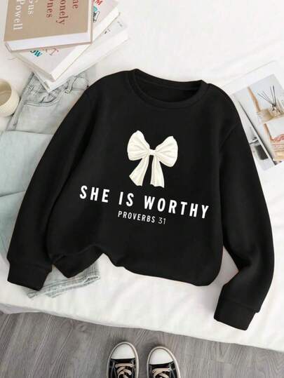 KID004Sudadera casual de cuello redondo de manga larga con estampado de lazos para niña preadolescente