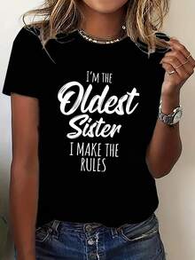 Women'S Funny I'm The Oldest Sister I Make The Rules T-Shirt - Black With White Text - Soft Cotton Blend Casual Everyday Tee - Machine Washable All-Season Top For Sisters, Birthday Gifts & Family Outfits - Sizes XS-XXL Available, Sister Outfit, Playful Design, Comfortable Fit, Statement Shirt, Sisterhood Fashion - 黑色 - 查看 1