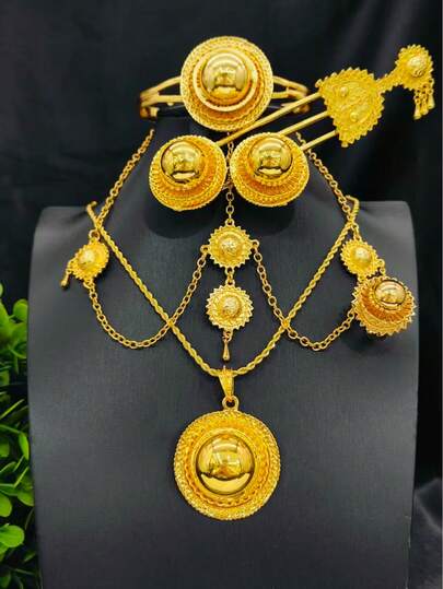 1 条项链、1 条手链、1 对耳环、1 个戒指、1 个头链、1 个发夹，迪拜新娘奢华花卉首饰套装，女士黄金婚礼项链、手链、耳环、戒指、合金首饰 6 件套