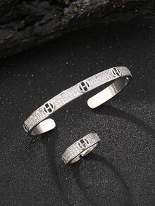 1 Set H-Initialen Damen Armband & Ring Set, Damen Schmuckset, vollständiges Diamantdesign, eingebetteter super glänzender kubischer Zirkonia, Alltagsschmuck, Geschenk für Freundin, Halloween Schmuck, Weihnachtsgeschenk