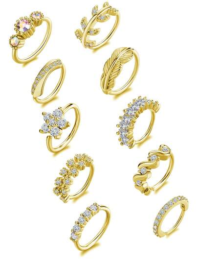 10 piezas de anillos para la nariz de acero inoxidable chapado en oro/plata con CZ AAA+, diseños de flor/pluma/estrella, adecuados para uso diario, fiestas y accesorios de joyería corporal para mujeres