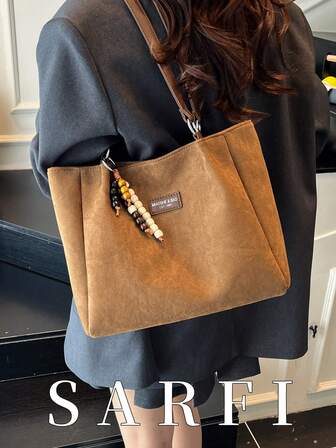 Modern Classic Style All-Match Women's Tote Bag, Simple And Atmospheric Letter Logo Decorated Shoulder Bag, Fashionable Beaded Pendant Decoration Casual All-Match Double Chain Shoulder Strap Commuter Bag, College Students Daily Travel Lightweight Large Capacity Storage Tote Bag