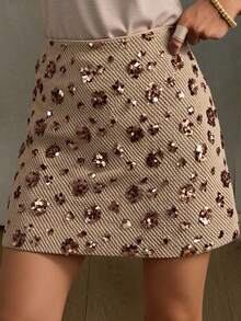 Livesso Falda elegante de mujer con dobladillo y decoración de flores de lentejuelas, conjunto de mujer para otoño/invierno, Año Nuevo, carnaval - Marrón - Ver 2