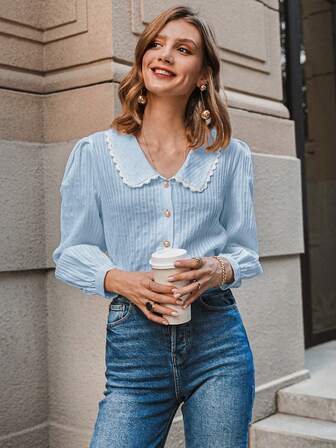 Simplee Solid Color Collegiate Style Puff Sleeve Collared Cotton Shirt Top, Teacher Outfits For Women, Back To School