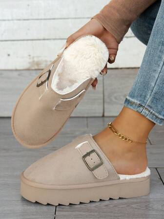 Women's Versatile Casual Slippers For Autumn/Winter, Non-Slip Soft Comfortable Thick Sole Solid Color Closed Toe Indoor/Outdoor Warm Plush Lined Slippers