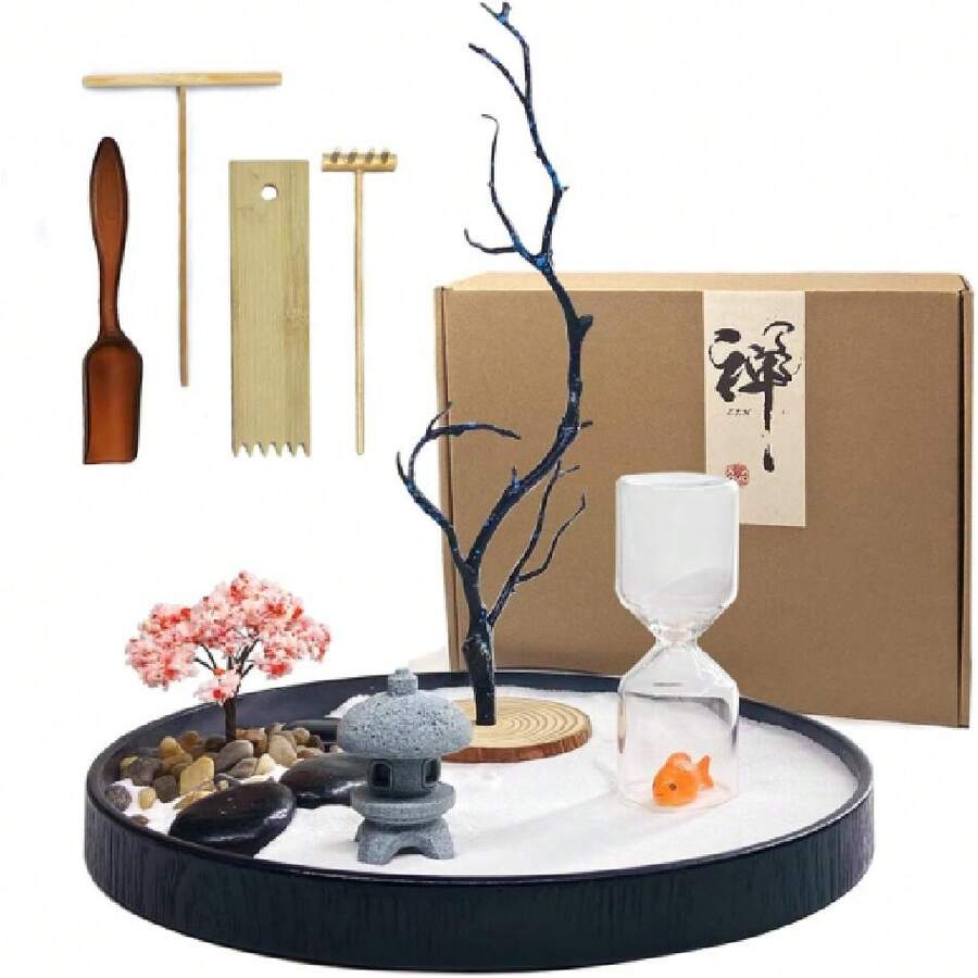 Desktop Zen Garden With Refillable  And Koi Fish – Miniature Japanese Rock Garden Kit With Sand, Rake, And Accessories – Stress Relief Desk Dr For Home & Office,24614543 - 杏色 - 查看 1
