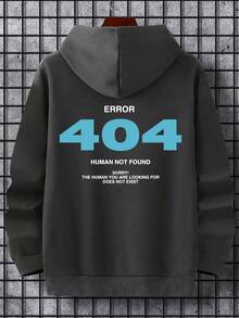男士休闲街头风 404 创意标语印花抓绒连帽衫，秋冬款，长袖上衣 - 深灰色 - 查看 4