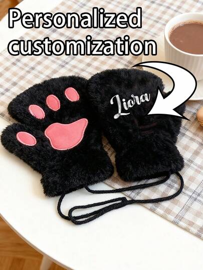 Cartoon Gloves Winter Thickened Windproof Warm Casual Plush Adorable Bear Full-Finger Neck-Hanging Gloves Cute Bear Themed Neck-Strap Gloves, School-Style Winter Warm Gloves For Cold Days. Fleece-Lined & Thickened Fabric