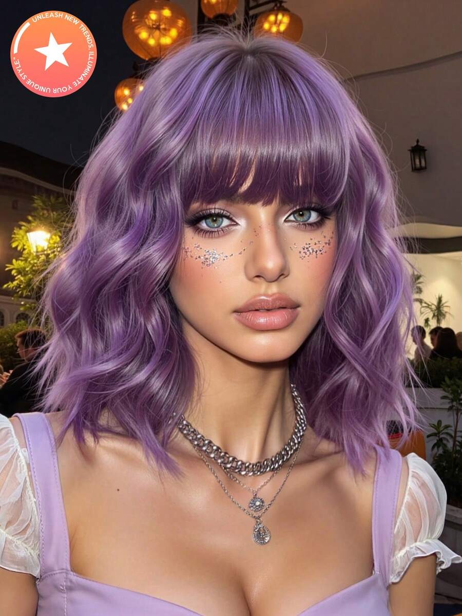 14英寸多色短卷刘海合成假发，自然时尚，适合女性日常、派对、圣诞节及其他场合。 - 紫色 - 查看 1
