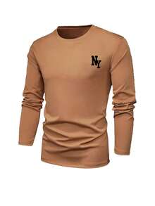 男士秋季百搭单品 | 杏色圆领纽约元素印花长袖T恤，适合送给丈夫、男朋友、朋友 - 卡其色 - 查看 4