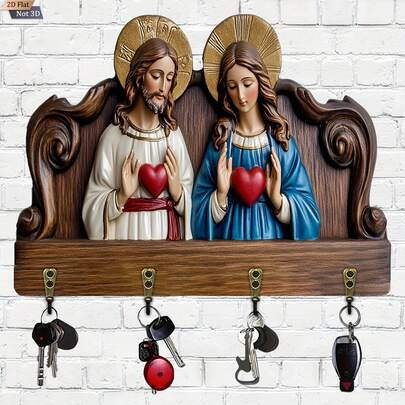 1 Piece, A Multi-Functional Wooden Household Key Hanger Of Jesus And The Virgin Mary (11.8 Inches X 9 Inches) With Four Metal Hooks, For Wall Decoration, Porch Decoration, Room Decoration, Villa Decoration, And All-Season Home Decoration.