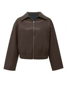 معطف نسائي مناسب للربيع والخريف، مريح وبارد وأنيق، له طابع جوي، مناسب للسفر، له إحساس بالحرية، سحاب، مطابقة سهلة، أكمام طويلة، تجميع، طوق، عطلة ترفيهية، غير مرن، نسيج ملمس، عصري وبسيط - بني - مشاهدة 6